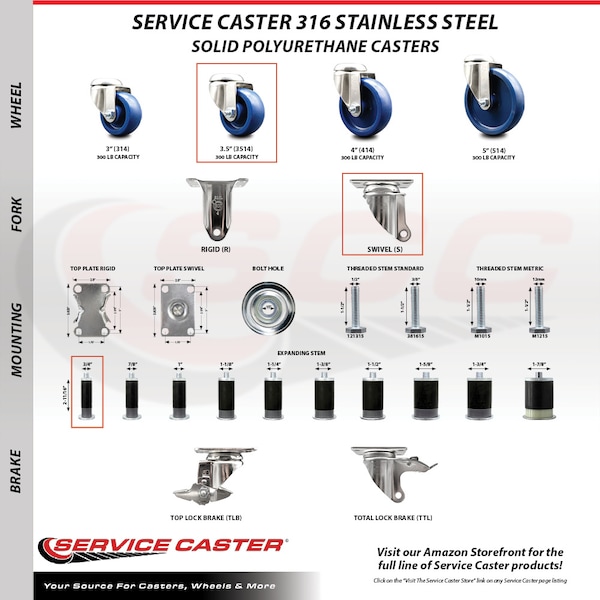 3.5 Inch 316SS Solid Polyurethane Swivel 3/4 Inch Expanding Stem Caster Set